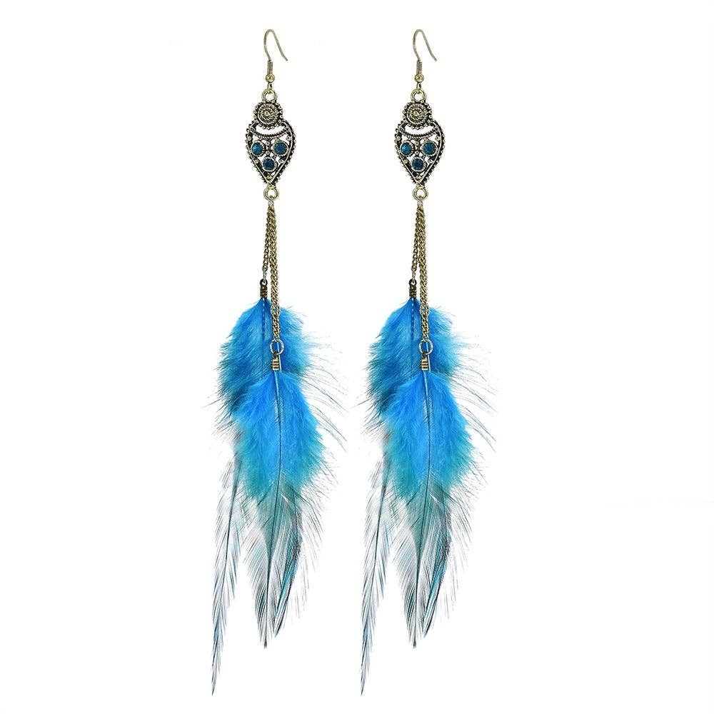 Pair of blue feather earrings on a white background