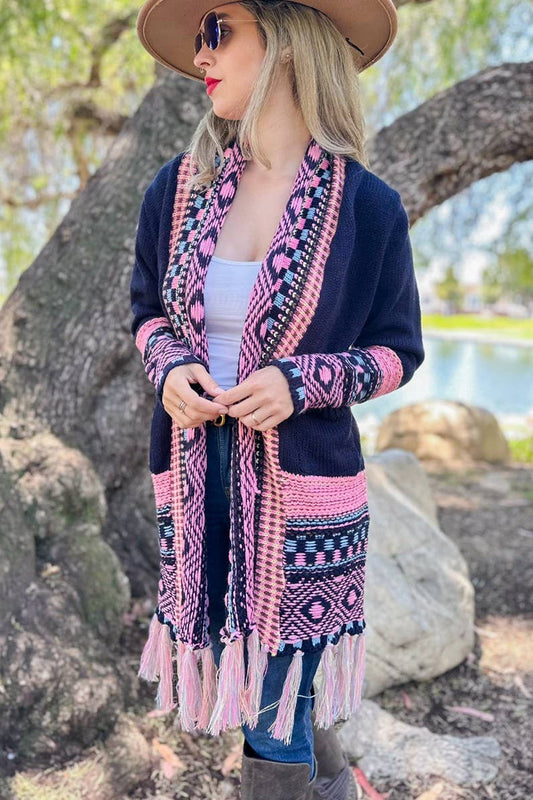 Navy Aztec Printed Knit Cardigan With Open Front Pockets Lightweight Acrylic Layering Piece