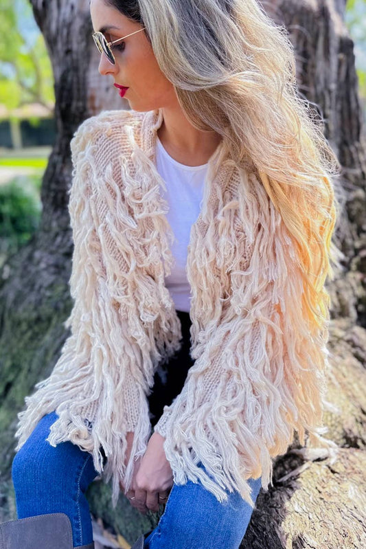 Amoli Cream Shaggy Fringe Handmade Knit Sweater Cardigan Open Front Boho Chic Cozy Layering For Fall And Winter