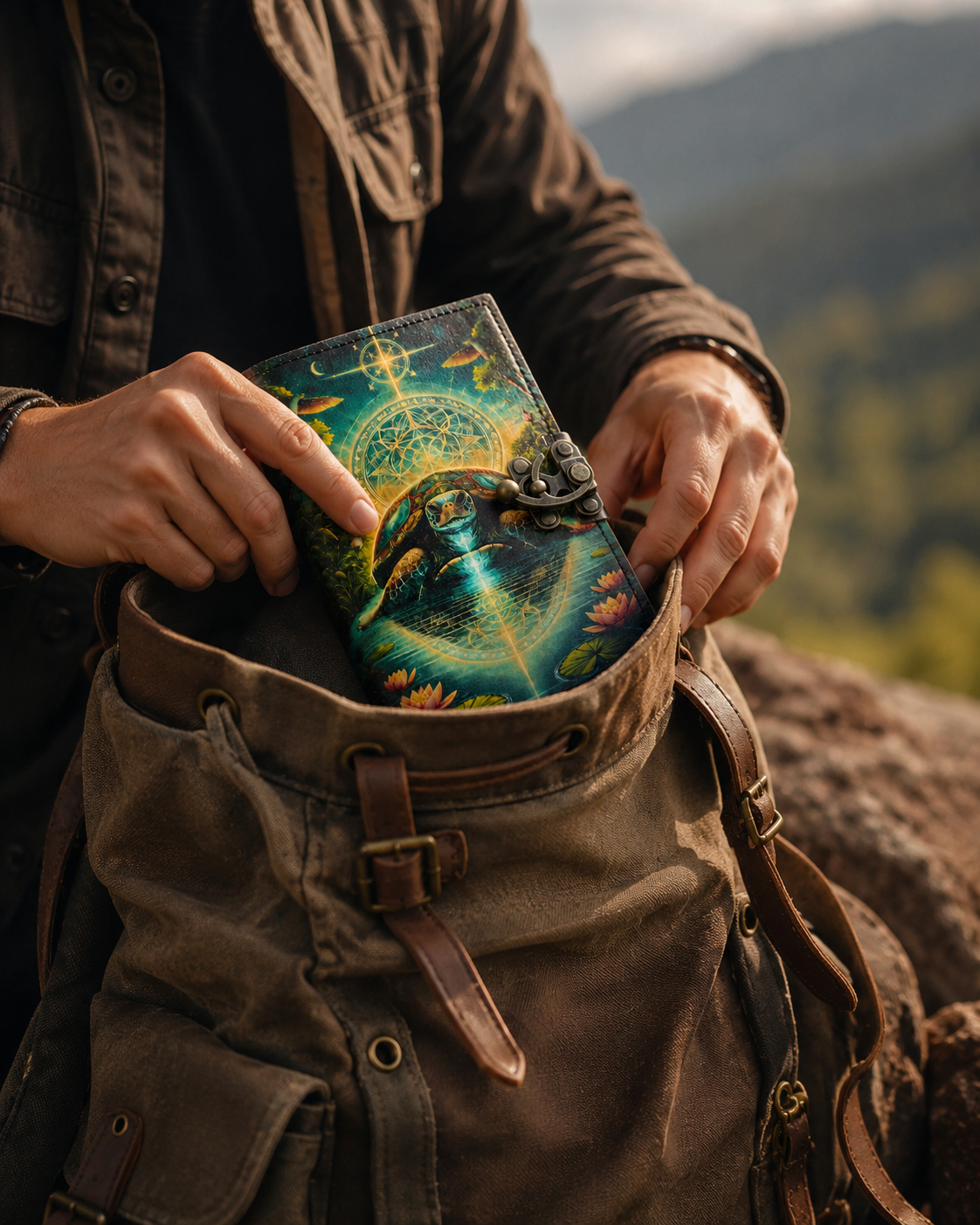 Mystic Turtle Leather Journal Handmade With Brass Lock And Deckle Edge Pages