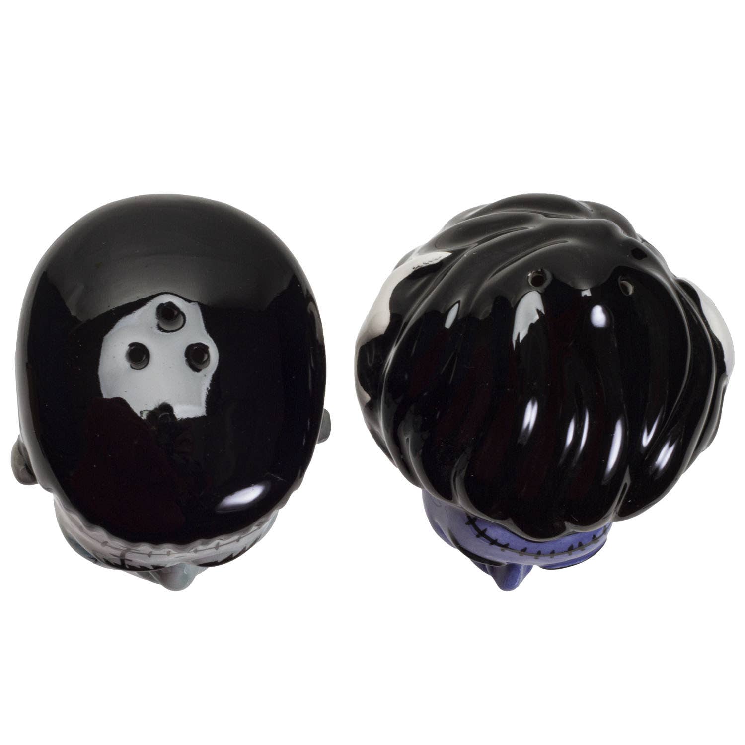 Mr. and Mrs. Frankenstein salt and pepper shakers set, black fine bone china, 2.5x2.5x3 inches.