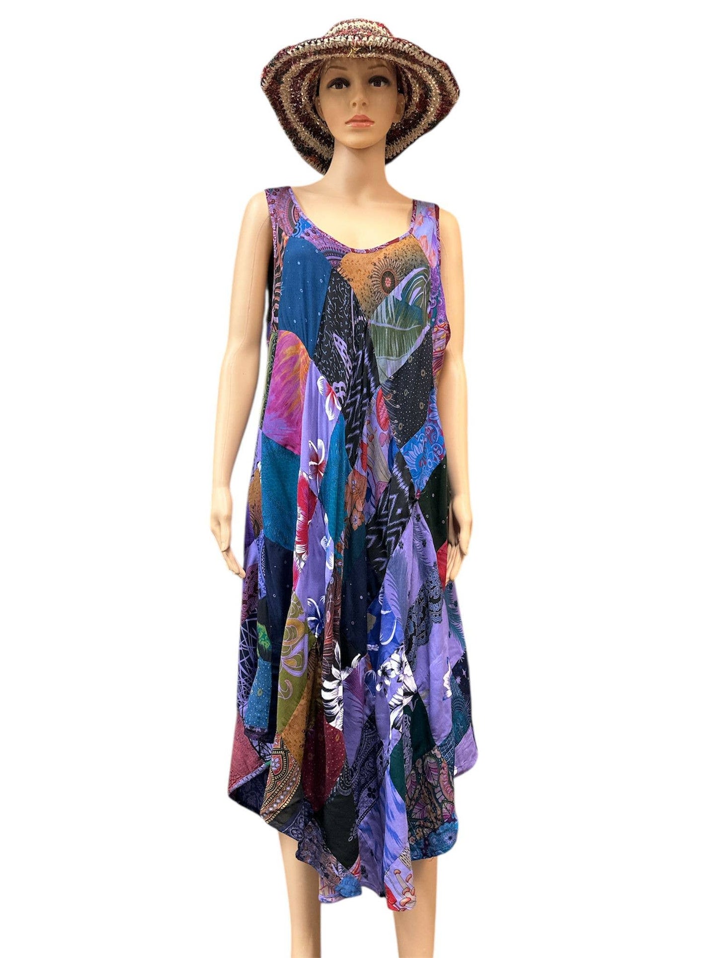 Rayon Blue Multi Patchwork Sun Dress - KTY511