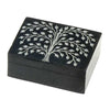 Elegant Tree of Life hinged hand carved stone box in black soapstone, perfect for keepsakes and gifts.