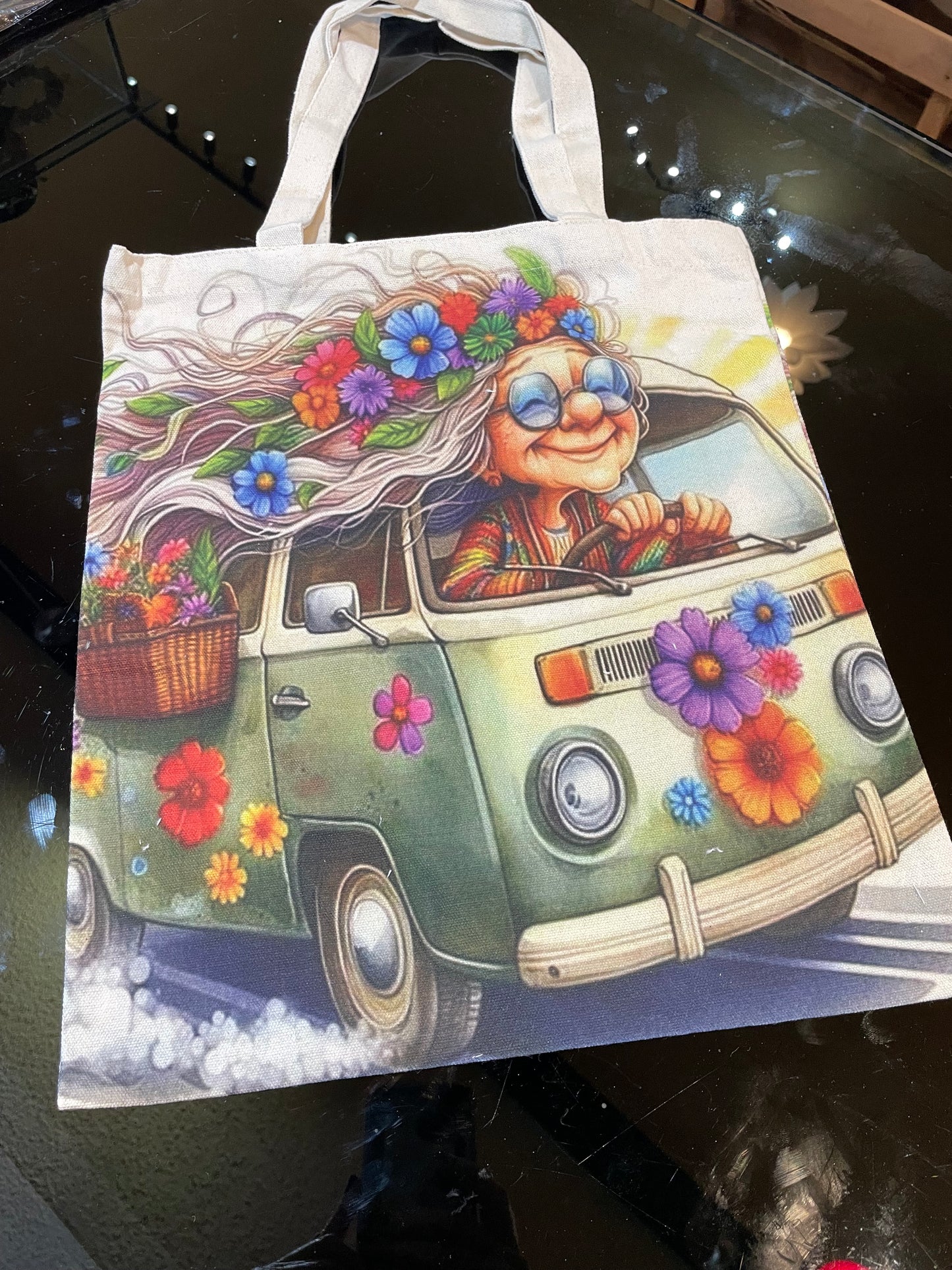 Grammy Peace Bus Tote Bag Vintage Design Durable Everyday Carryall