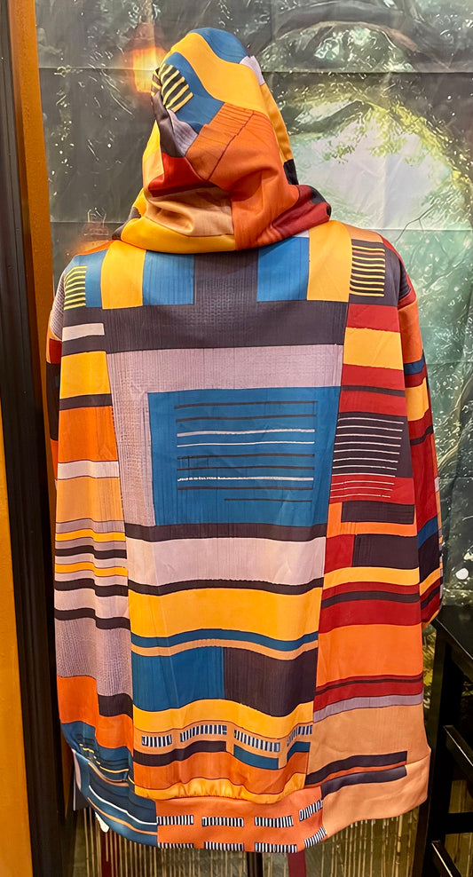 Geo Print Zip Up Hoodie Unisex Geometric Print Cozy Fabric For Everyday Wear And Layering