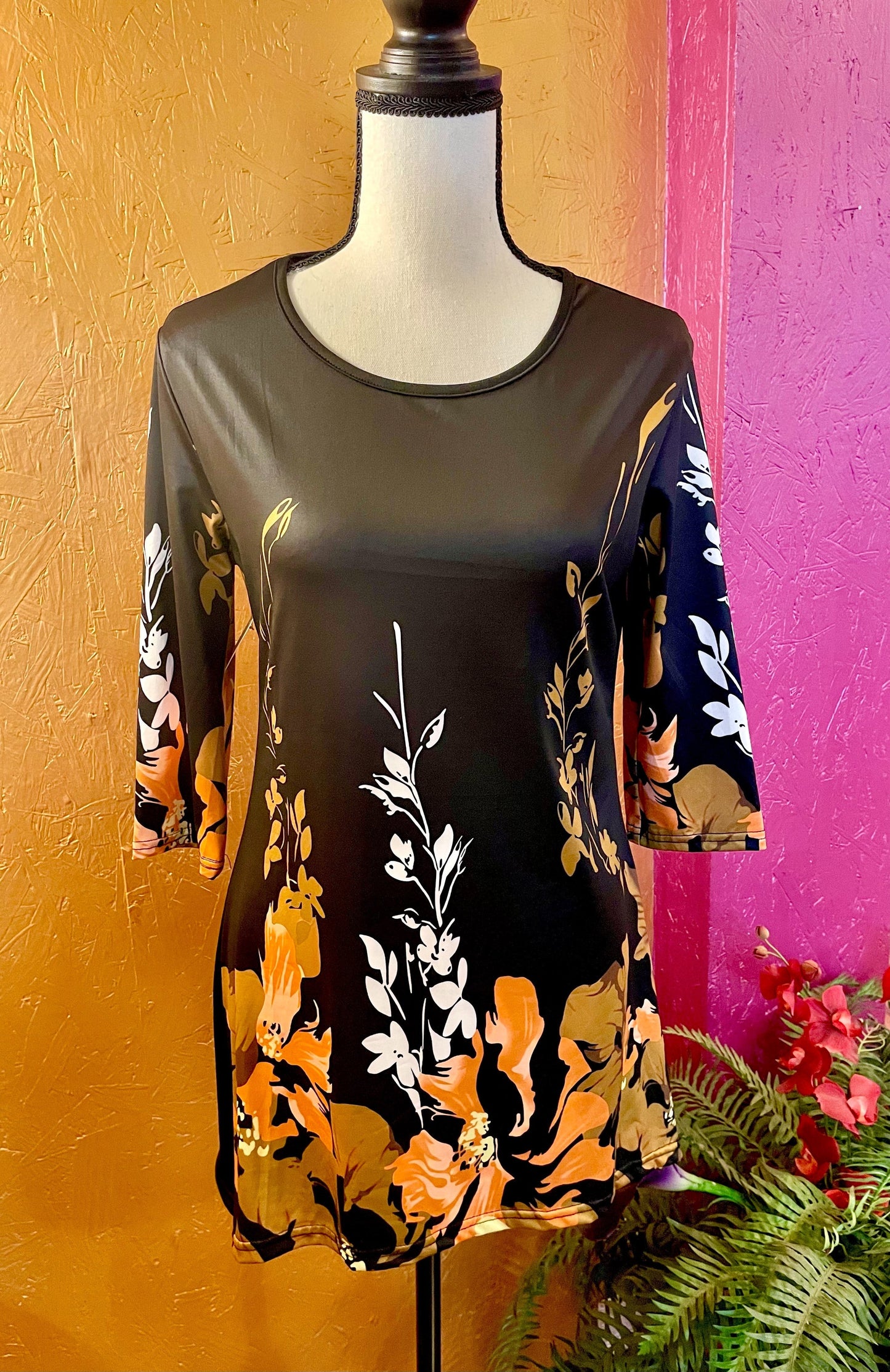 Ladies Black/Yellow Floral Print Top