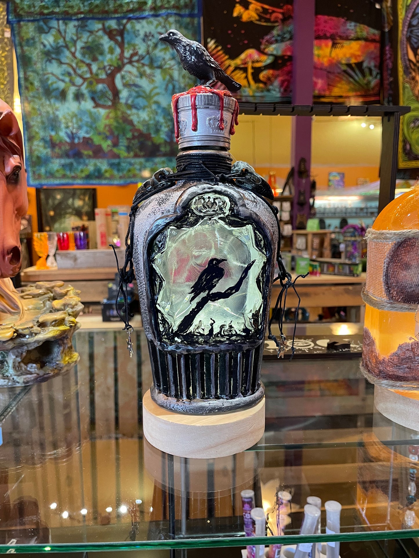 Raven Misty Moon Bottle With LED Lights Handcrafted Glass Art Piece