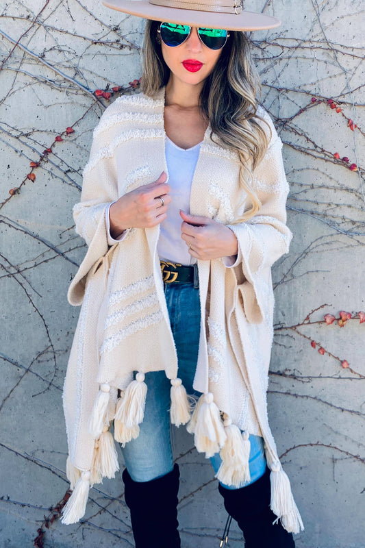 Cream Textured Knit Tassel Kimono Cardigan With Western Pattern And Chunky Tassels For Women Amoli