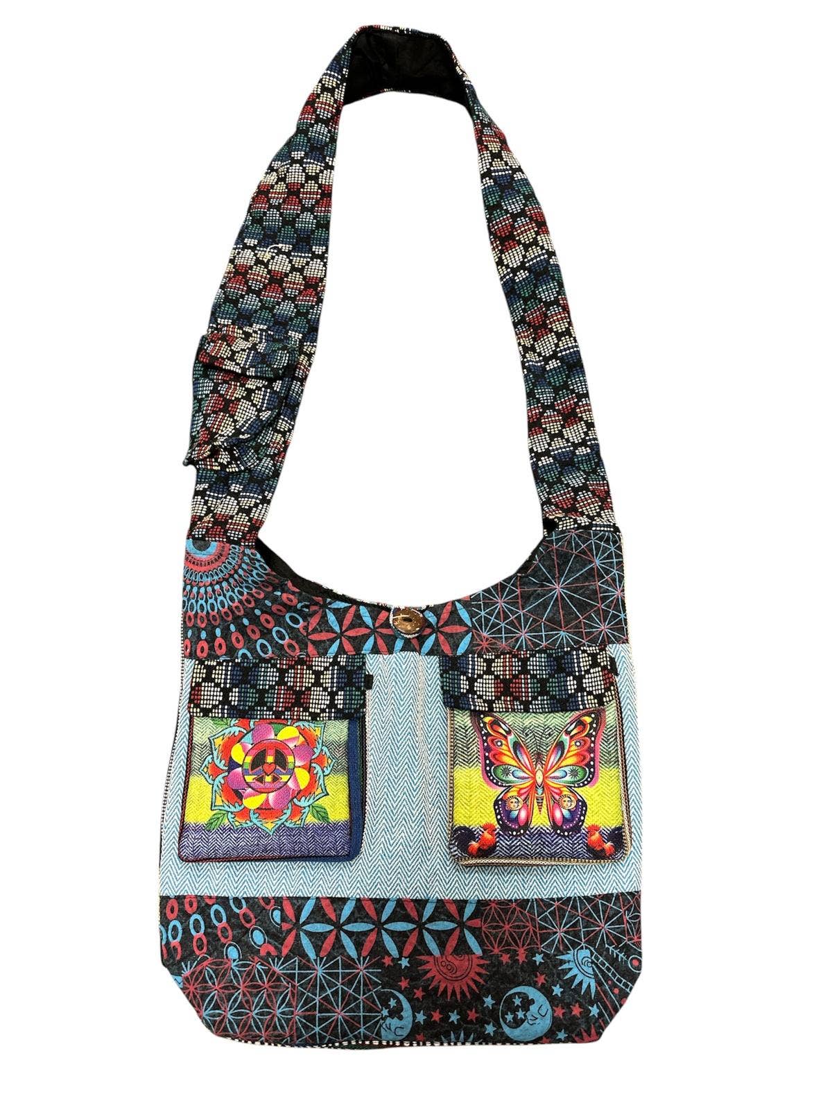 Cotton Two Pocket Peace And Butterfly Bag RIB25822 Multi Color Everyday Tote For Women And Girls