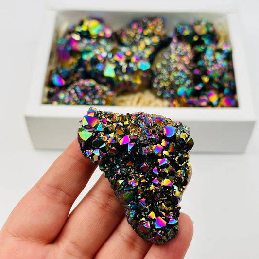 Stunning Amethyst Rainbow Titanium Crystal showcases vibrant colors and unique textures, perfect for any collection.