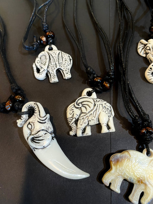 Carved Bone White Elephant Necklace Symbolic Wisdom Charm