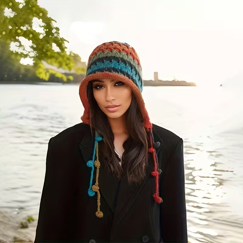 Woman wearing a colorful knitted hat by a body of water