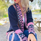 Navy Aztec Printed Knit Cardigan With Open Front Pockets Lightweight Acrylic Layering Piece