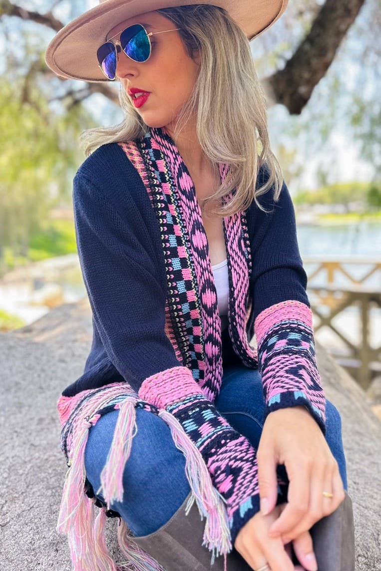 Navy Aztec Printed Knit Cardigan With Open Front Pockets Lightweight Acrylic Layering Piece