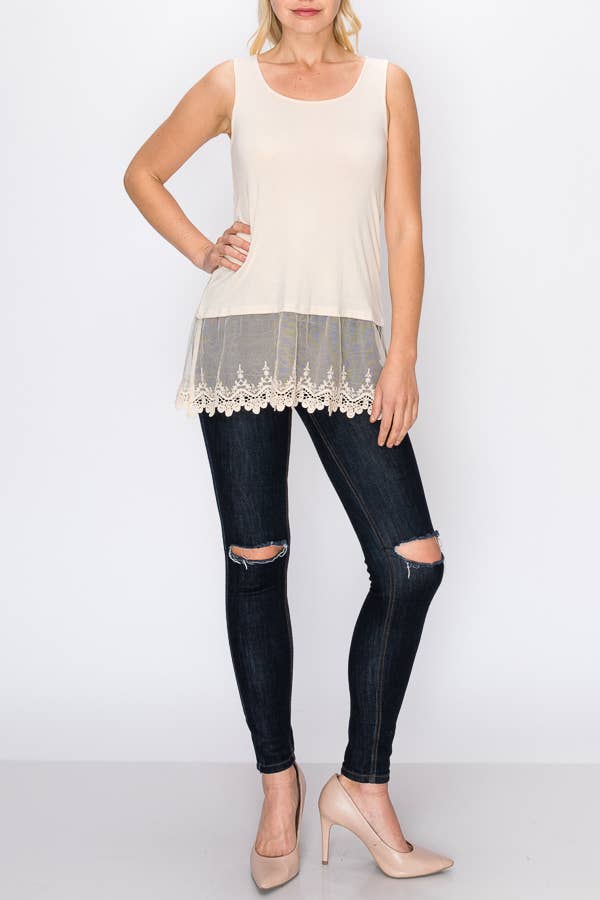 Soft Relaxed Tank With Delicate Floral Laced Hem -