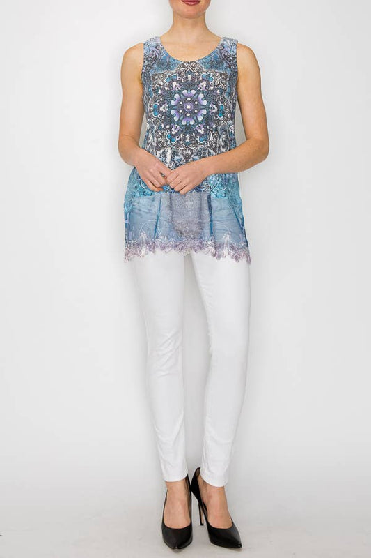 Soft Relaxed Tank With Delicate Floral Laced Hem NAVY
