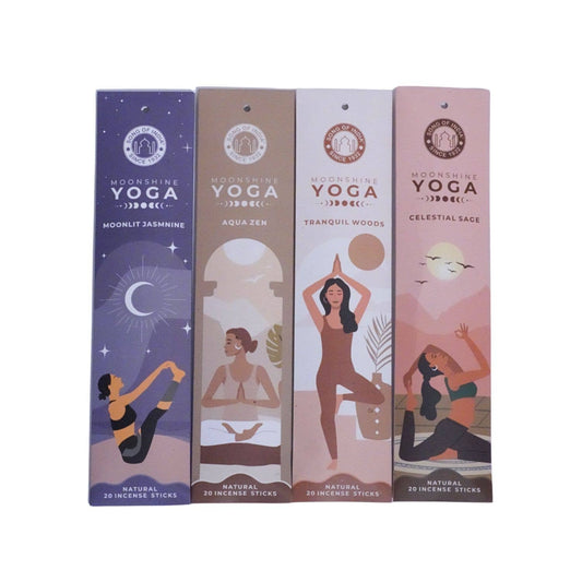 Natural Moonshine Yoga Incense sticks in elegant packaging offer calming energy and essential oil aromas.