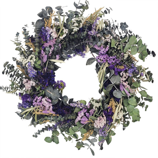 Lively Pasadena Wreath features baby eucalyptus and dried flowers, perfect for adding elegance to any space.