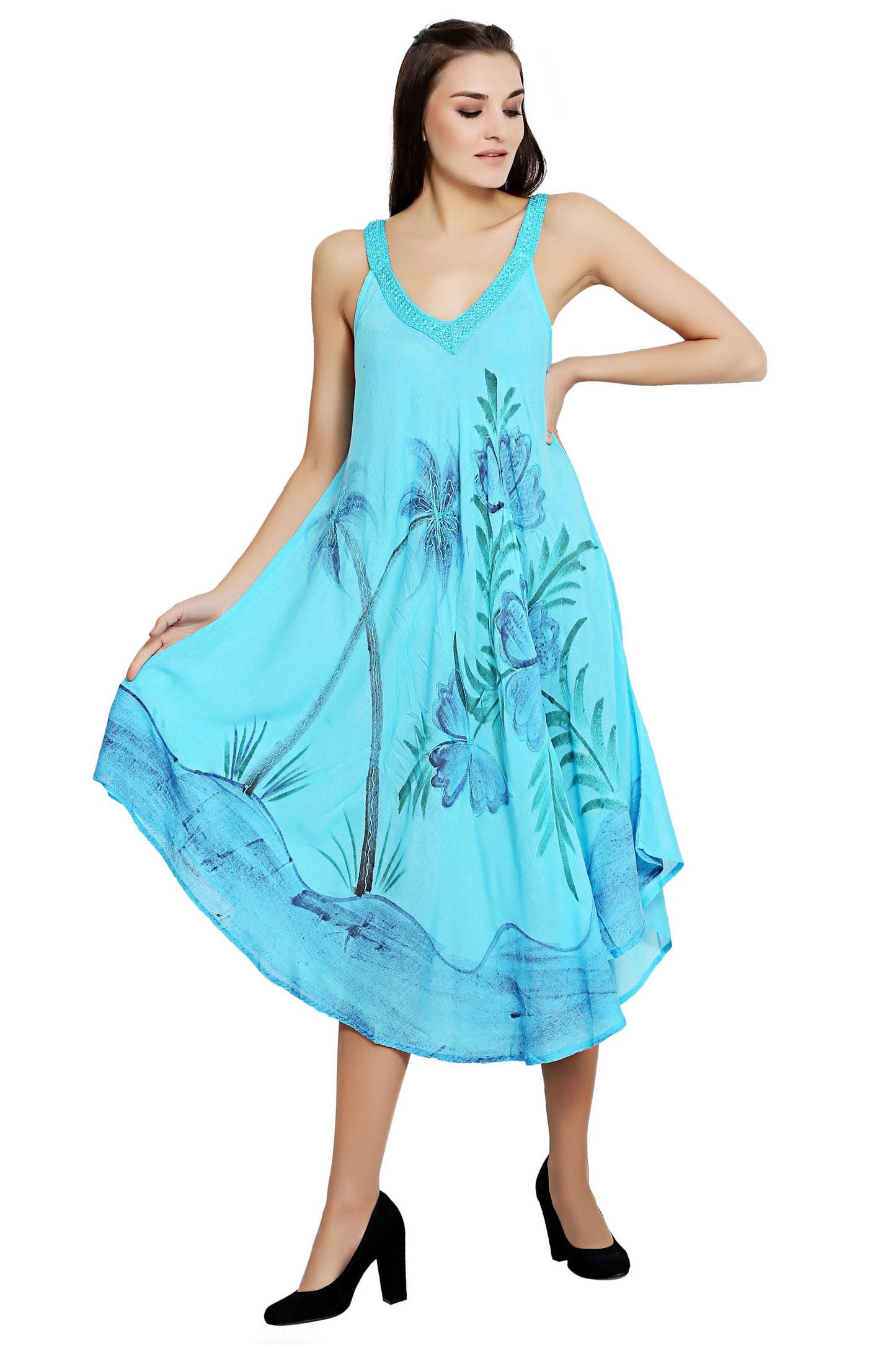 Tropical Palm Tree V Neck Tie Dye Umbrella Dress 19319