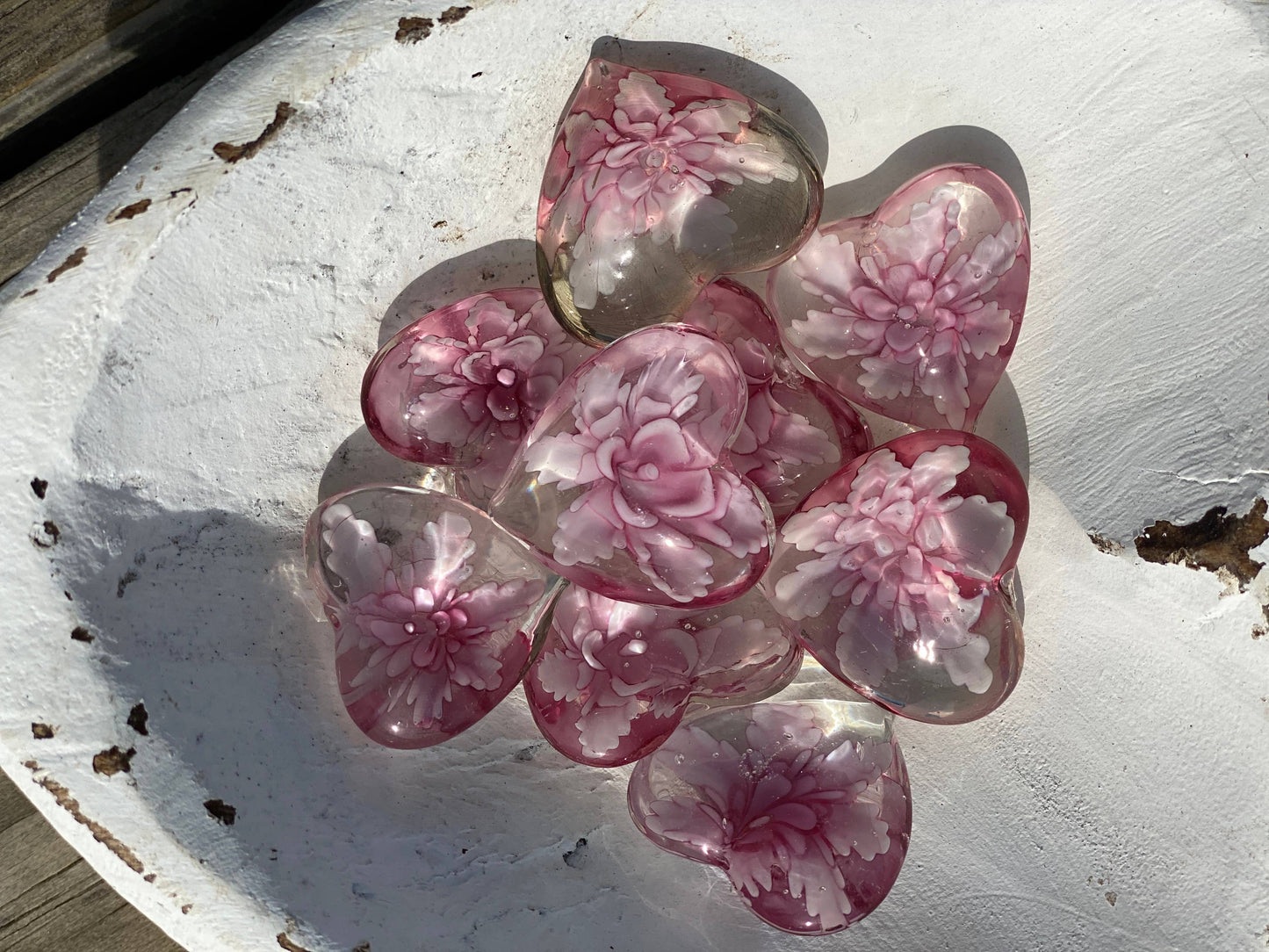 Floral Glass Pocket Hearts w/Heart Bowl Display- Large (100)