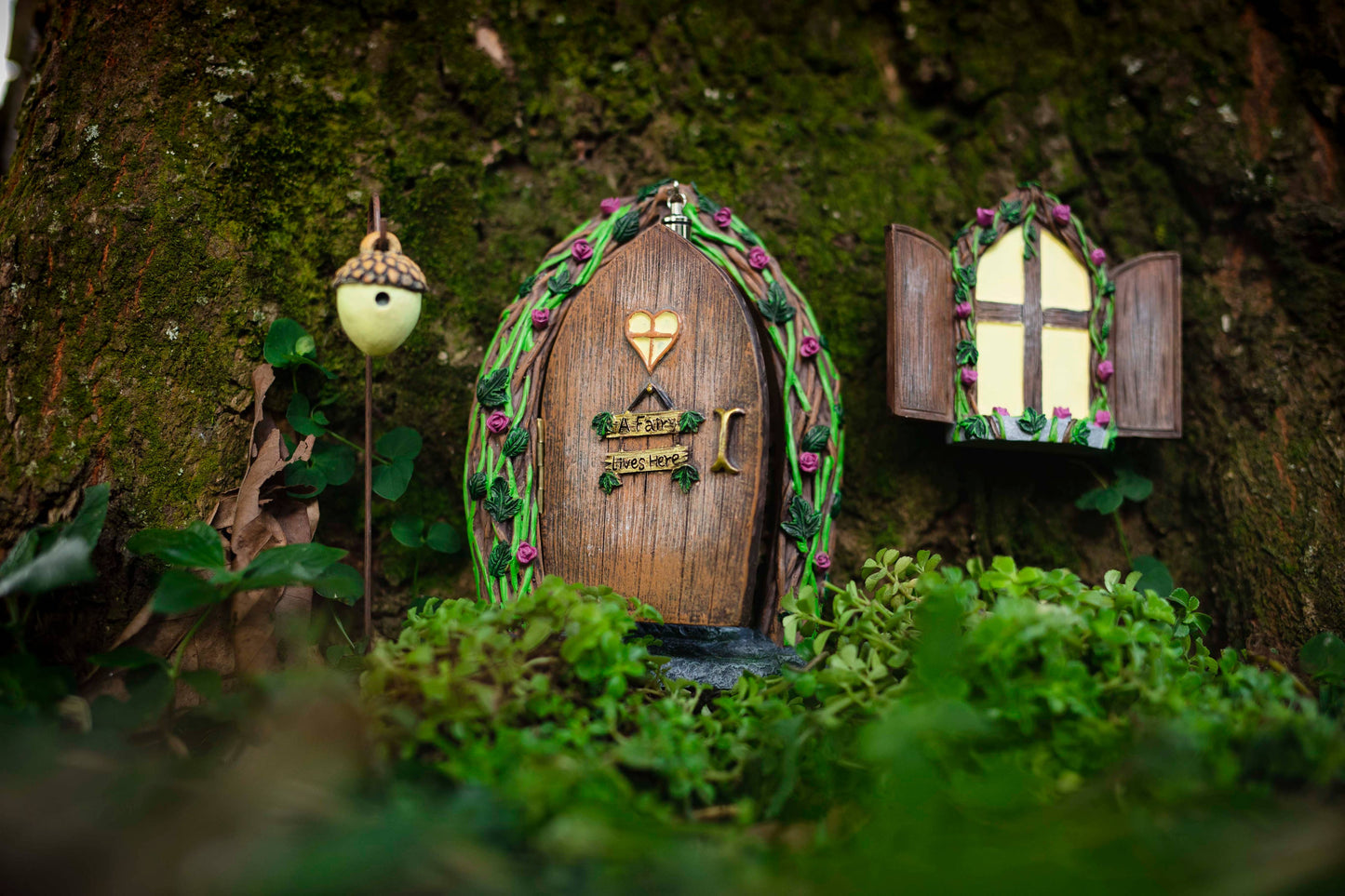 Fairy Door and Window for Trees with Light yard art