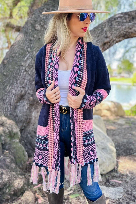 Navy Aztec Printed Knit Cardigan With Open Front Pockets Lightweight Acrylic Layering Piece