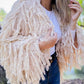 Amoli Cream Shaggy Fringe Handmade Knit Sweater Cardigan Open Front Boho Chic Cozy Layering For Fall And Winter