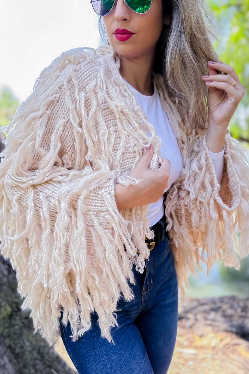 Amoli Cream Shaggy Fringe Handmade Knit Sweater Cardigan Open Front Boho Chic Cozy Layering For Fall And Winter