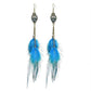 Pair of blue feather earrings on a white background