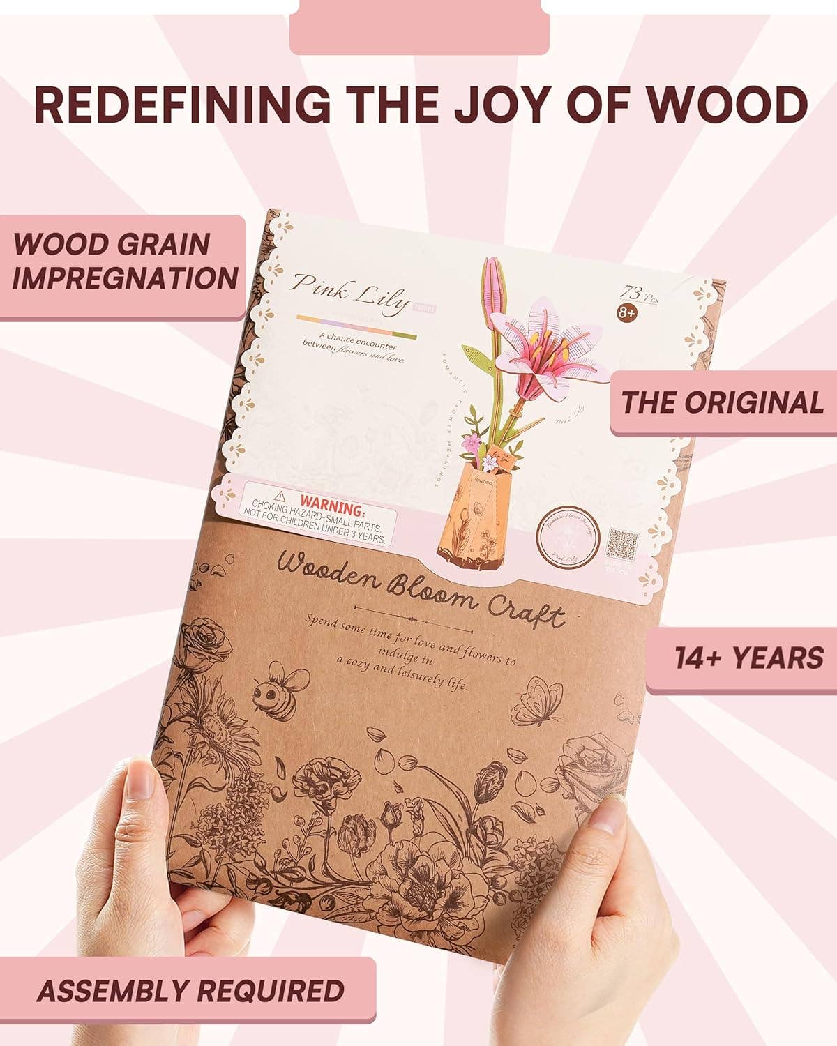 Pink Lily Rosewood DIY Wooden Flower Bouquet 3D