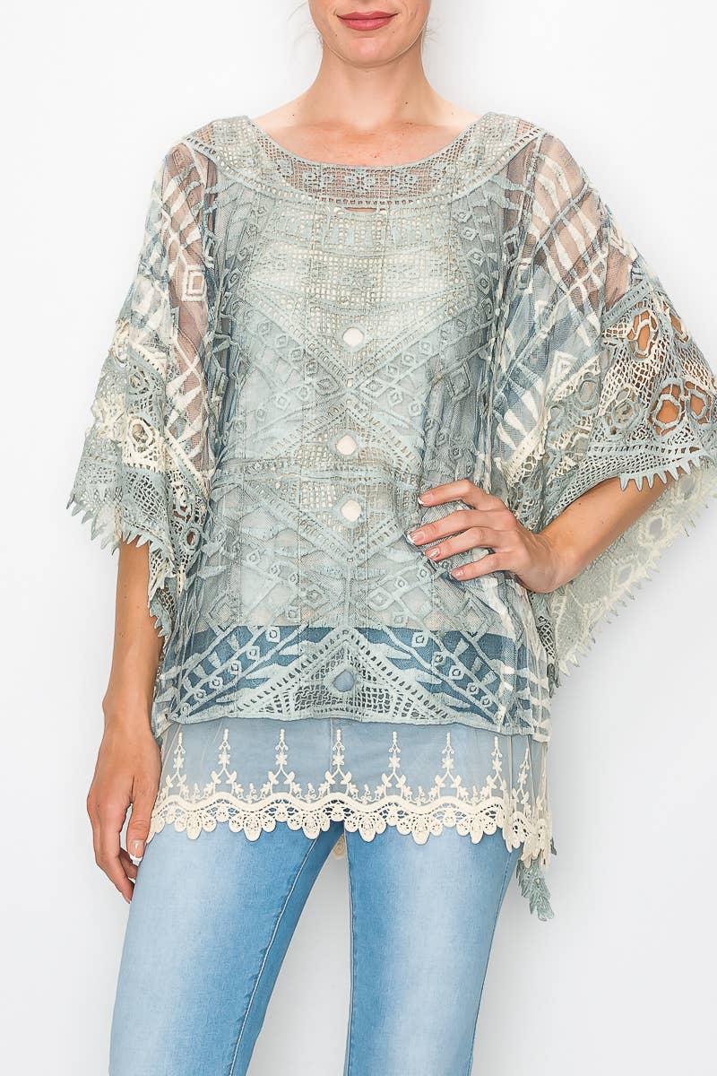 Ornate Crochet Poncho Top With Geometric Embroidered Details