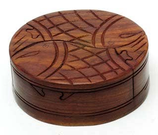Hand-carved Wood Puzzle Box - Fish in rich Sheesham wood, featuring intricate fish design and two compartments.