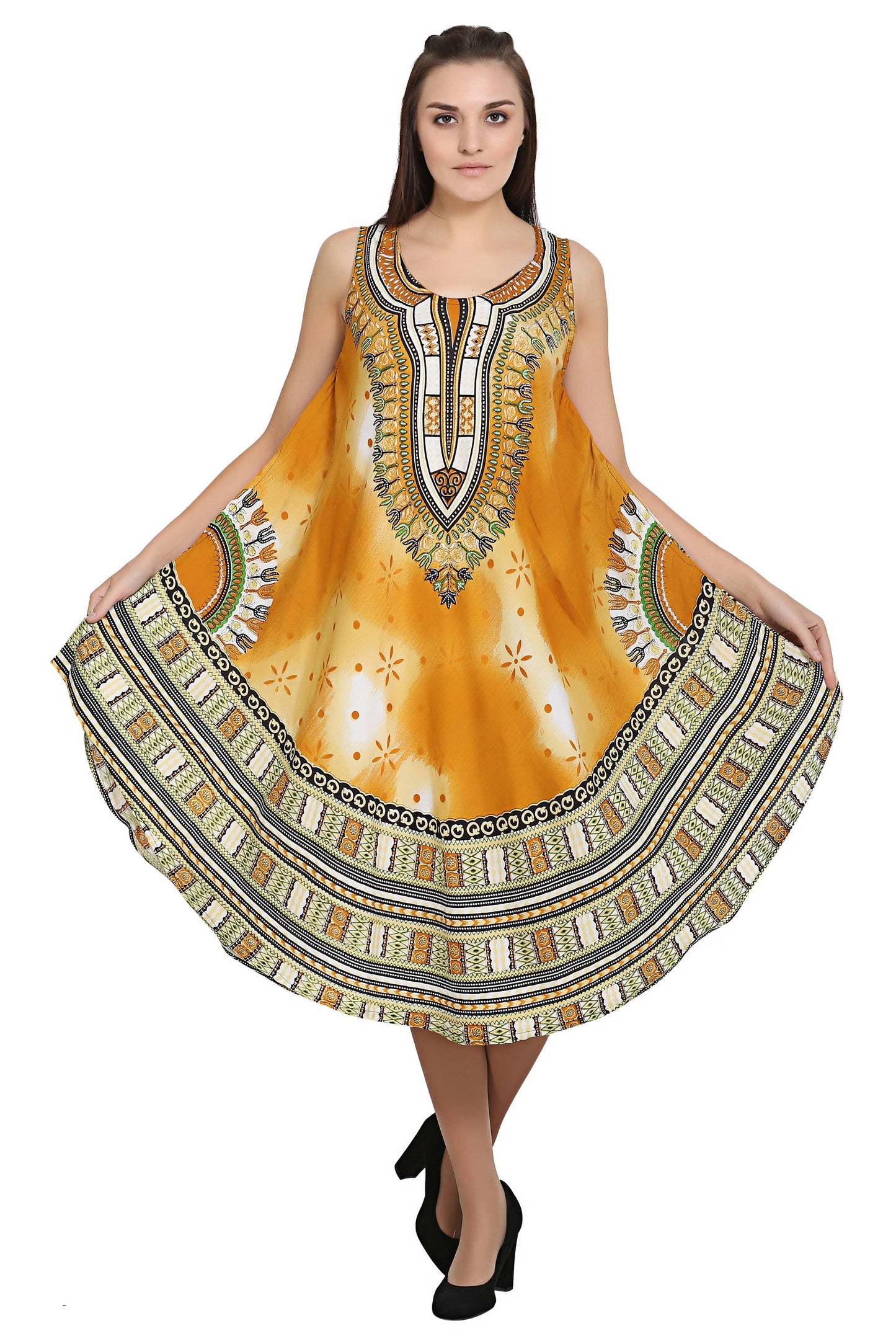 Digital Dashiki Print Sleeveless Umbrella Dress