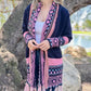 Navy Aztec Printed Knit Cardigan With Open Front Pockets Lightweight Acrylic Layering Piece