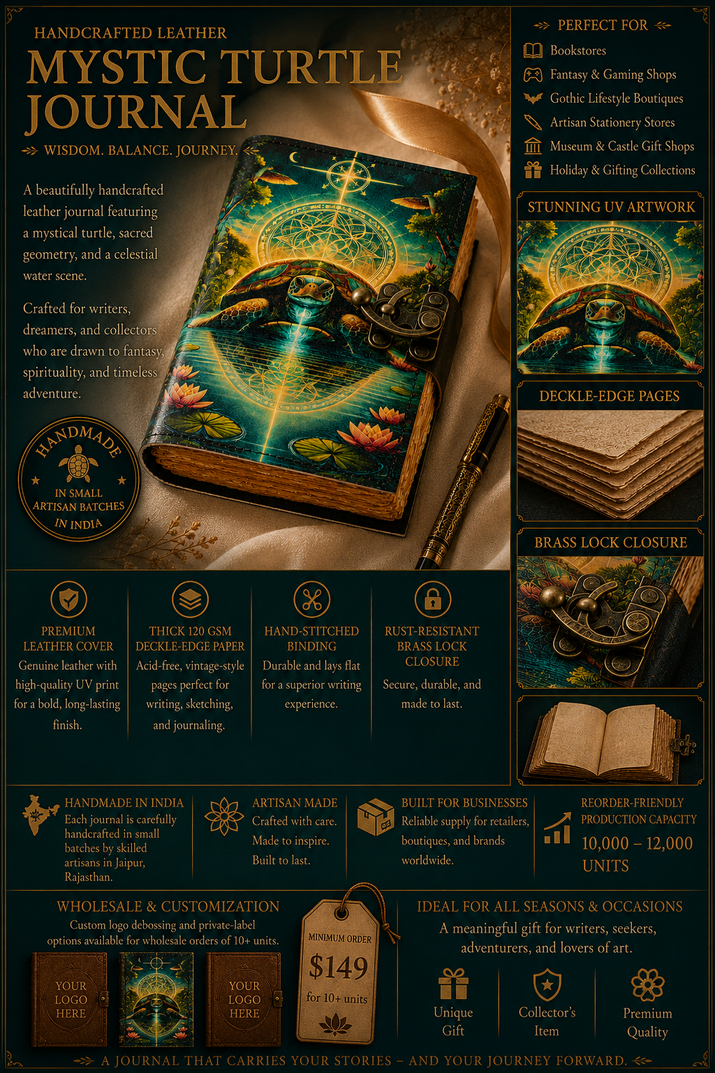 Mystic Turtle Leather Journal Handmade With Brass Lock And Deckle Edge Pages