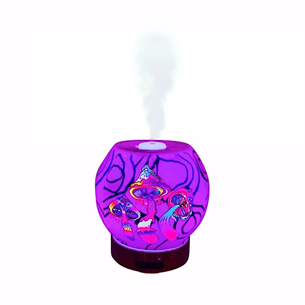 Purple EssentialLitez essential oil diffuser with psychedelic mushrooms design, 120 ml, color-changing LED lights.