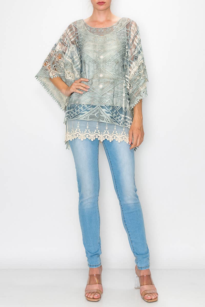Ornate Crochet Poncho Top With Geometric Embroidered Details