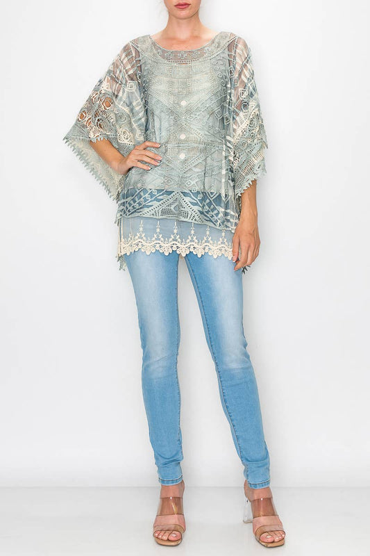 Ornate Crochet Poncho Top With Geometric Embroidered Details