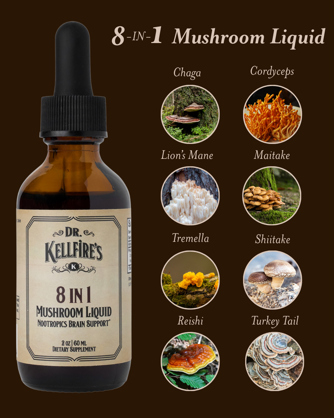 Eight Mushroom Tincture With Lion's Mane Reishi Chaga Cordyceps Shiitake Maitake