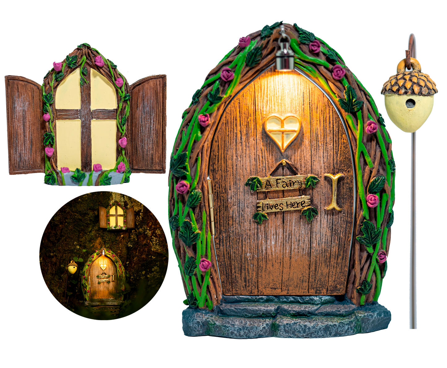 Fairy Door and Window for Trees with Light yard art