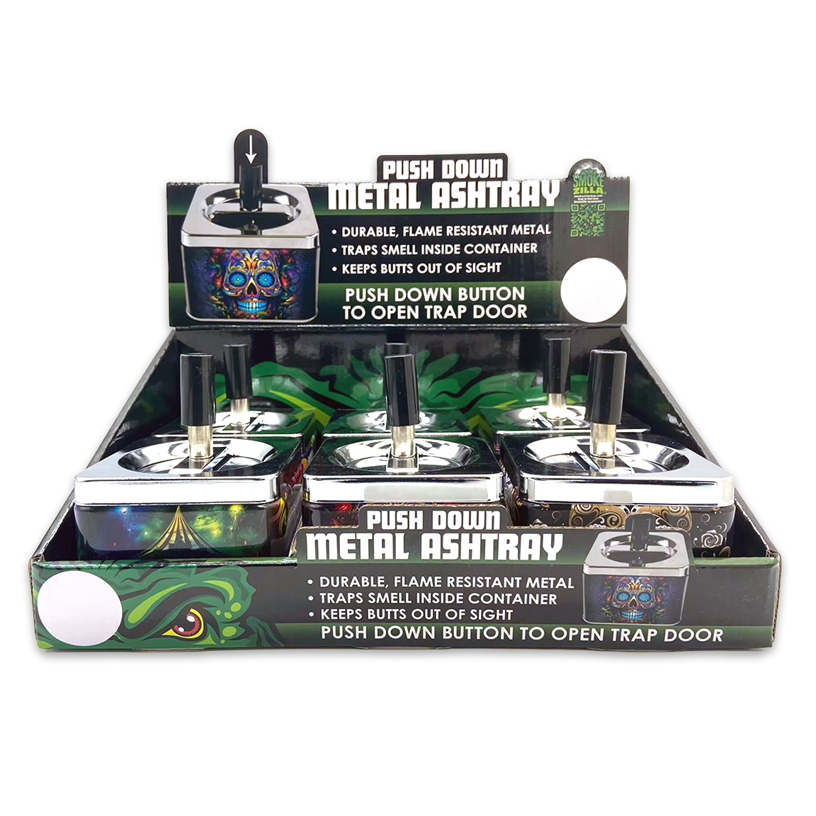 Smokezilla Push Down Metal Ashtray Assortment- 6/Display