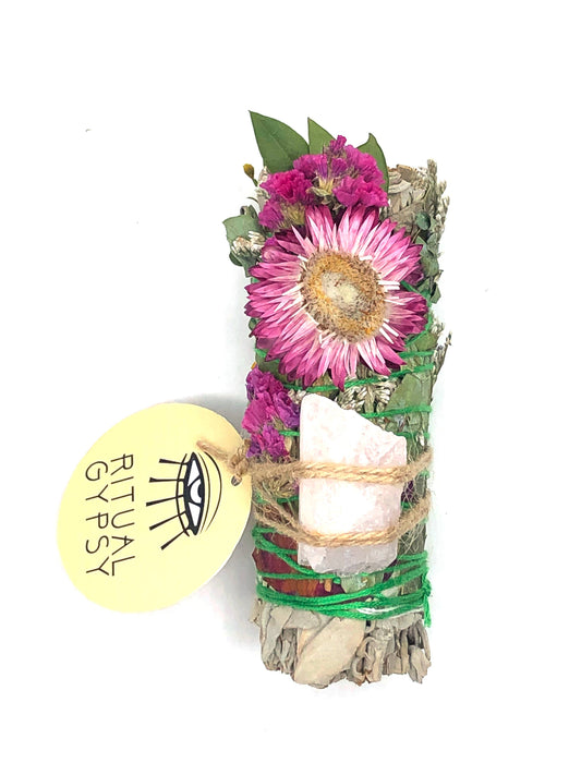 Ritual Sage Wand + Rose Quartz - 4"