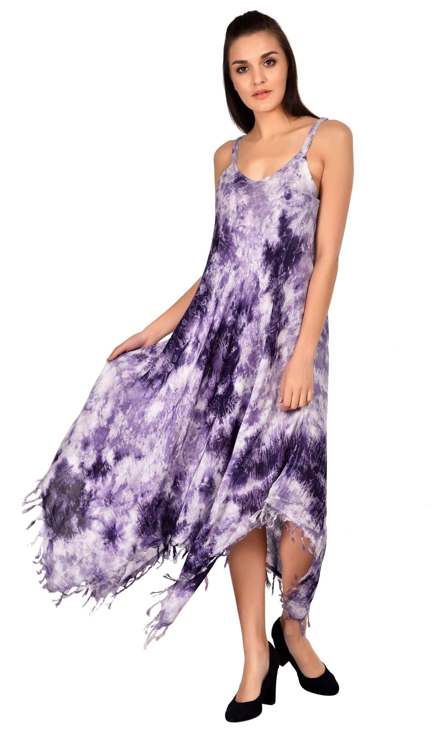 V Neck Tie Dye Dress With Fringes