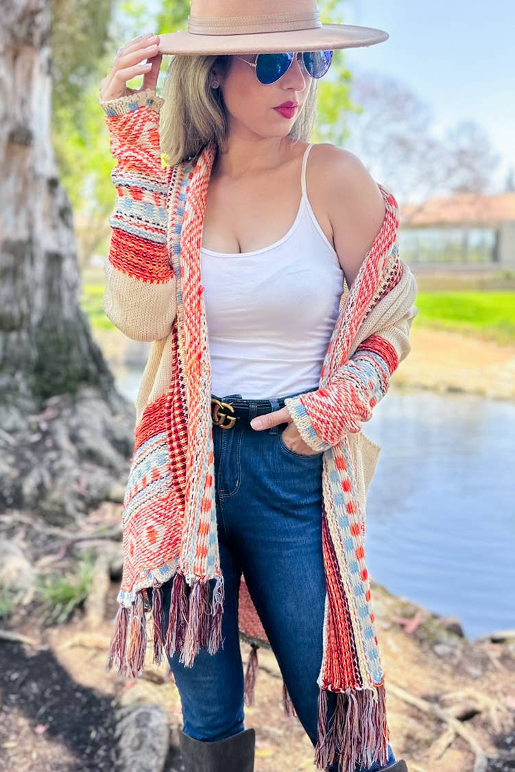 Beige Aztec Printed Open Front Knit Cardigan With Pockets Lightweight Acrylic Boho Style