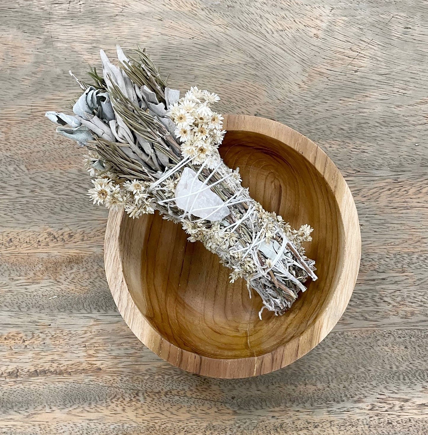 Rosemary & Sage Floral Smudge Wand with Quartz Crystal