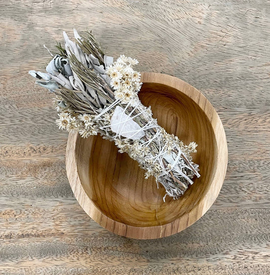 Rosemary & Sage Floral Smudge Wand with Quartz Crystal