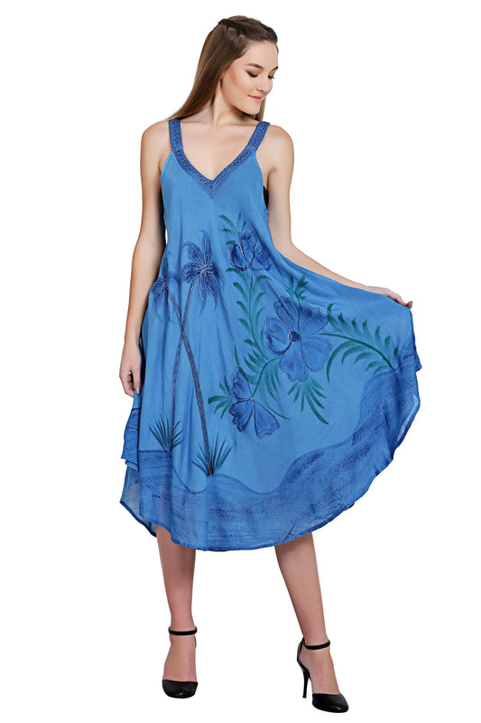 Tropical Palm Tree V Neck Tie Dye Umbrella Dress 19319