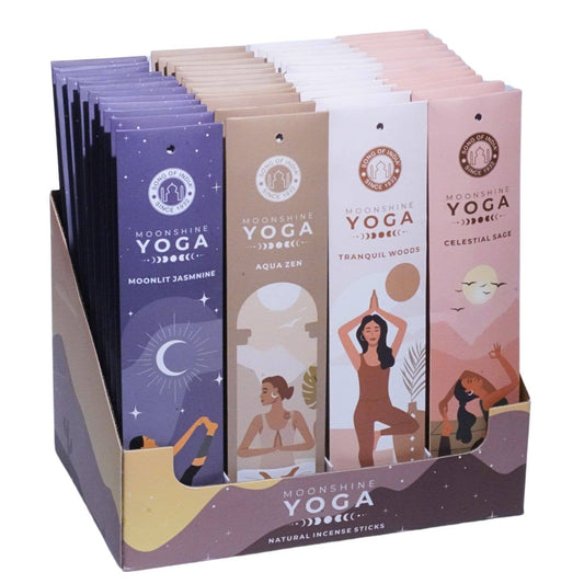 Moonshine Yoga Incense display featuring natural handcrafted sticks with essential oils for calming energy.