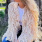 Amoli Cream Shaggy Fringe Handmade Knit Sweater Cardigan Open Front Boho Chic Cozy Layering For Fall And Winter