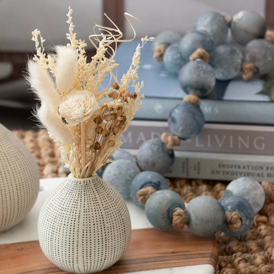Charming Ivory Wildflower Mini Bouquet Arrangement with Bunny Tails Sola Flower and Flax, handcrafted in California.